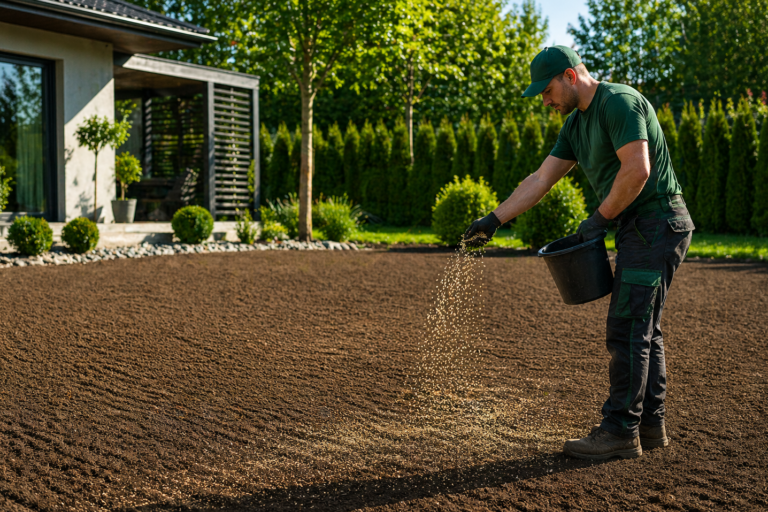 töömees külvab mullaseemet eelnevalt tasandatud mullaplatsile