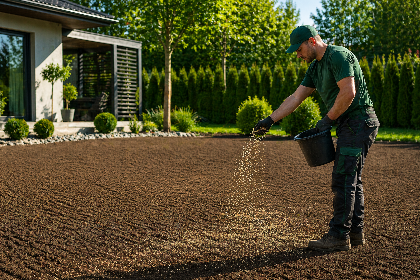 töömees külvab mullaseemet eelnevalt tasandatud mullaplatsile